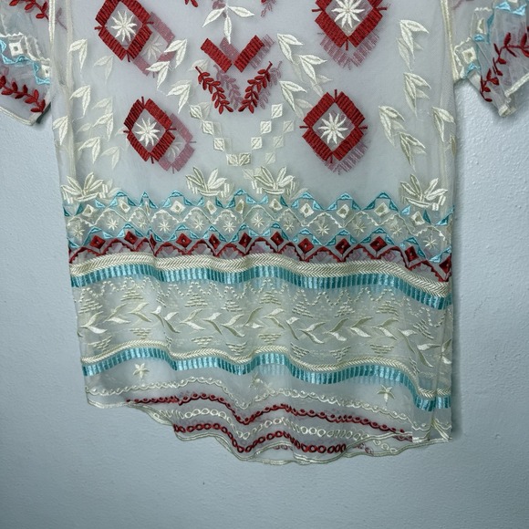 Sundance Sheer Embroidered Short Sleeve Boho Top Women's Medium Aztec Red Blue - Picture 3 of 10